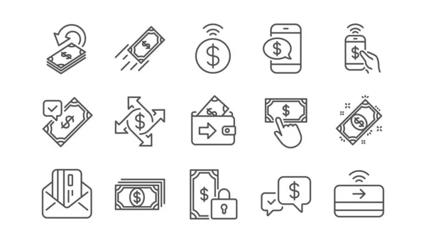 Money Payment Line Icons Accept Transfer Pay Phone Credit Card — Stock Vector