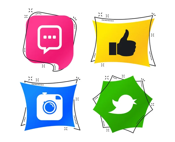 Hipster Photo Camera Icon Chat Speech Bubble Sign Hand Thumb — Stock Vector