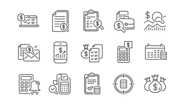 Accounting Line Icons Report Calculator Checklist Money Linear Icon Set — Stock Vector