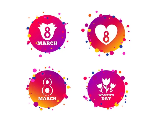 March Women Day Icons Tulips Rose Flowers Bouquet Heart Sign — Stock Vector