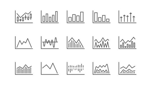 Charts and graphs line icons. Candlestick graph, Infochart and Report diagram. Presentation linear icon set.  Vector