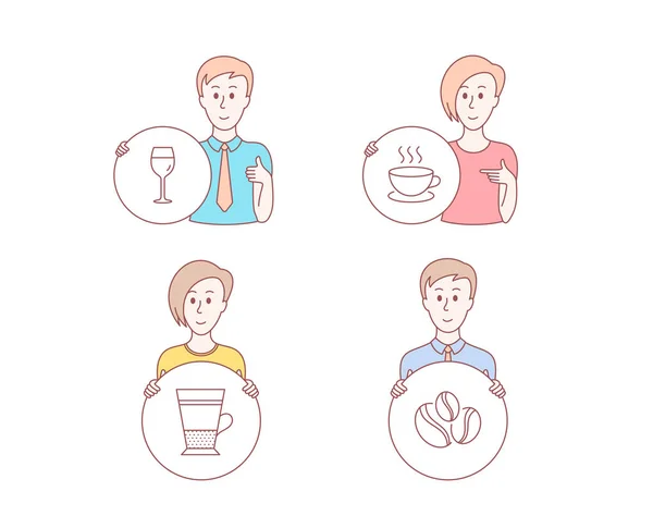 Persone Disegnato Mano Stile Set Icone Vetro Cappuccino Doppio Latte — Vettoriale Stock