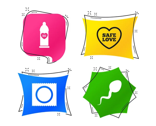 Safe Sex Love Icons Condom Package Symbol Sperm Sign Fertilization — Stock Vector