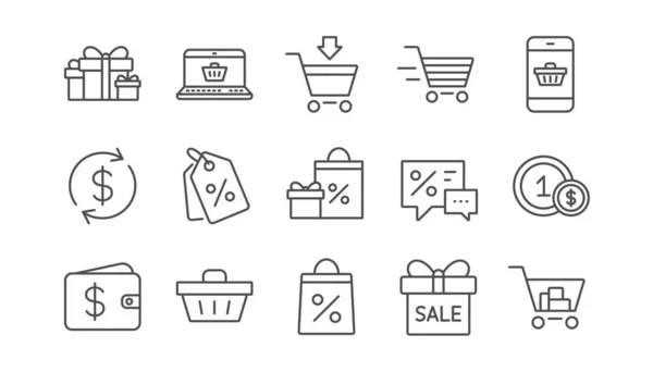 Iconos Línea Compras Regalo Porcentaje Signo Venta Descuento Set Iconos — Vector de stock