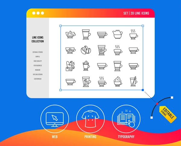 Типів Кава Чай Іконки Набір Знаків Латте Страйки Капучино Еспрессо — стоковий вектор