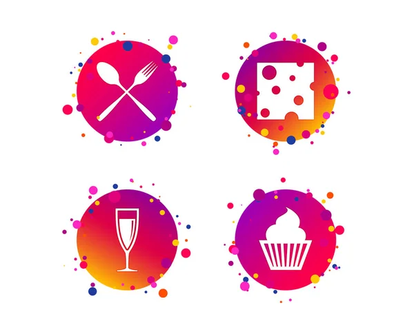 Lebensmittel Ikonen Muffin Cupcake Symbol Gabel Und Löffelzeichen Glas Champagner — Stockvektor