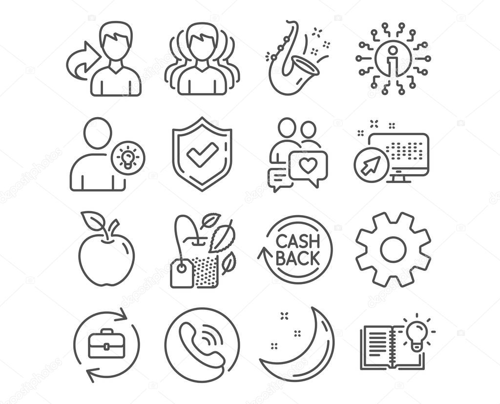 Set of Service, Group and Dating chat icons. User idea, Cashback and Jazz signs. Mint bag, Human resources and Product knowledge symbols. Cogwheel gear, Headhunting service, People love. Vector