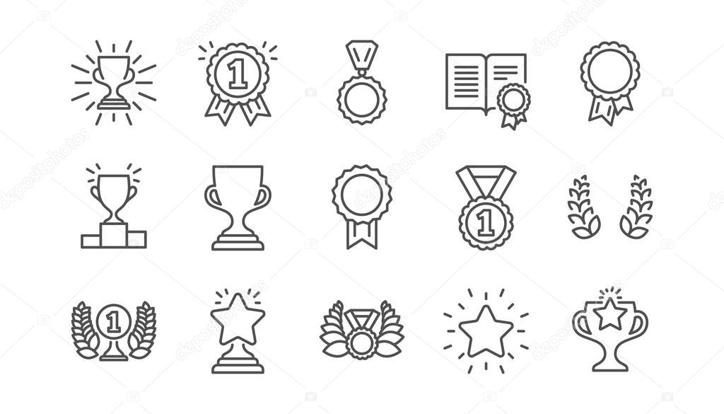 Award line icons. Winner medal, Victory cup and Trophy reward. Achievement linear icon set.  Vector