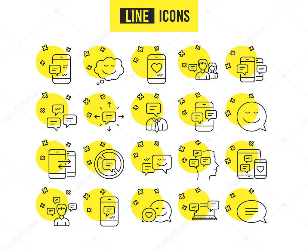 Message and Communication icons. Group chat, Conversation and Speech bubbles signs. SMS, Phone alert and Stop talking symbols. Quality futuro design icons. Editable stroke. Vector
