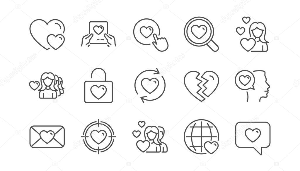Love line icons. Heart, Valentines day and Relationships. Romantic linear icon set.  Vector