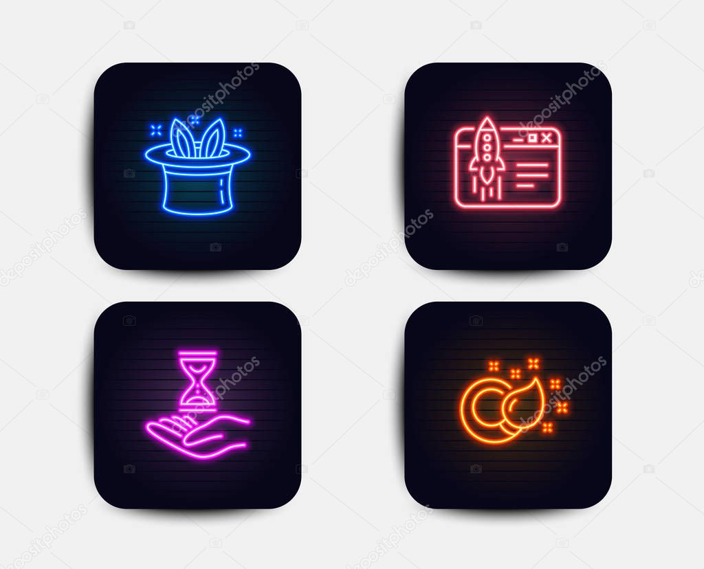 Neon glow lights. Set of Hat-trick, Start business and Time hourglass icons. Paint brush sign. Magic hat, Launch idea, Sand watch. Creativity.  Neon icons. Glowing light banners. Vector