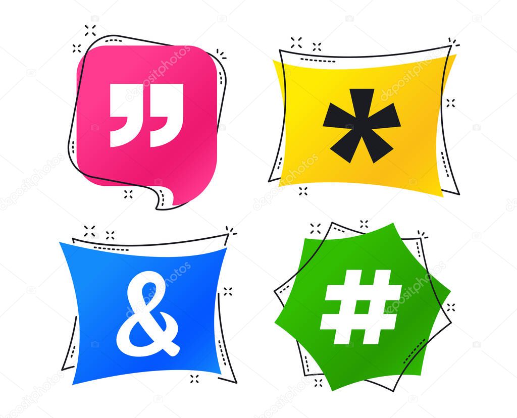 Quote, asterisk footnote icons. Hashtag social media and ampersand symbols. Programming logical operator AND sign. Geometric colorful tags. Banners with flat icons. Trendy design. Vector