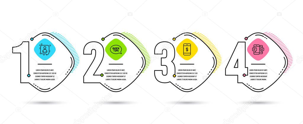 Infographic timeline set of Quickstart guide, Developers chat and Smartphone payment icons. Smartphone sms sign. Helpful tricks, Manager talk, Mobile pay. Mobile messages. Vector