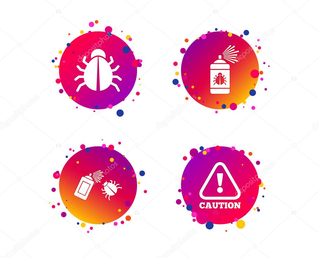 Bug disinfection icons. Caution attention symbol. Insect fumigation spray sign. Gradient circle buttons with icons. Random dots design. Vector