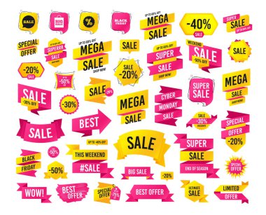 Satış afiş. Süper mega indirimler. Satılık konuşma balonu simgesinin. Yıldız sembolü indirim. Cuma işareti siyah. Büyük satış alışveriş çantası. 