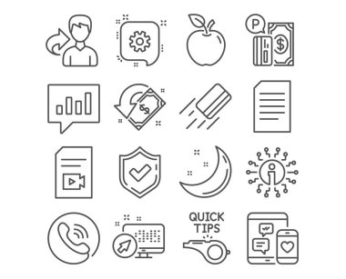 Öğreticiler, dizi belge ve Cashback simgeler. Sosyal medya, Park ödeme ve dişli işaretler. Kredi kartı, Video dosyası ve analitik sohbet simgeler. Hızlı ipuçları, bilgi dosyası, alma para