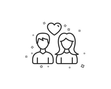 Kalp satırı simgesi ile bir çift gördüm. Kullanıcılar grubunun işareti. Erkek ve kadın kişi siluet simge. Geometrik şekiller. Rasgele çapraz öğelerin. Doğrusal çift simgesi tasarım seviyorum. Vektör