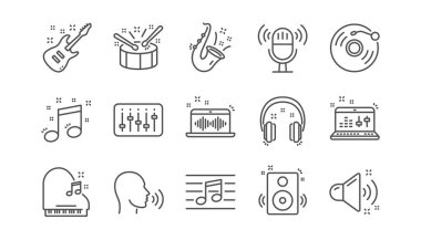Müzik çizgi simgeler. Gitar, nota ve kulaklık. Caz saksafon doğrusal Icon set. Vektör