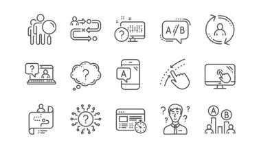 UX satır simgeler. Ab test, yolculuk yol haritası ve soru işareti. Test doğrusal Icon set quiz. Vektör