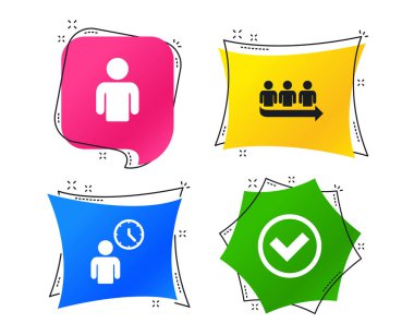 Sıra simgesi. Kişi bekleyen işareti. Onay veya kene ve zaman saati simgeler. Geometrik renkli Etiketler. Afiş ile düz kutsal kişilerin resmi. Modaya uygun bir tasarım. Vektör