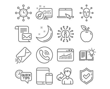 Ayarla hızlı ipuçları, e-posta ve yüz Biyometri simgeler. Posta mektubu, Web sitenizin istatistiklerini ve ürün bilgi işaretleri. Mobil cihazlar, dünya saatleri ve taşınabilir bilgisayar simgeler. Vektör