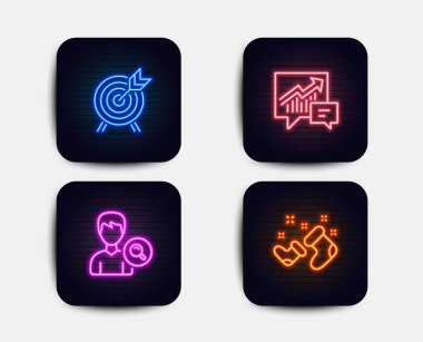 Neon arama insanlar, okçuluk ve muhasebe simgeler kümesi. Santa işareti botlar. Profili, cazibe park, arz ve talep bulun. Yeni yıl. Neon simgeler. Parlayan ışık afiş. Vektör