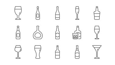 Şişe satır simgeler. Bira içecekler, Şarap kadehi ve viski şişesi. Şampanya doğrusal Icon set. Vektör