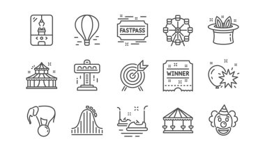Eğlence Parkı satır simgeler. Carousel, Roller coaster ve sirk. Dönme dolap doğrusal Icon set. Vektör