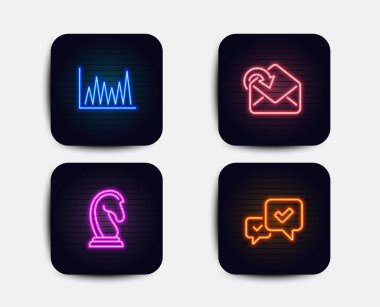 Neon glow ışıkları. Al posta, çizgi grafiği ve pazarlama stratejisi simgeler kümesi. İşareti onaylayın. Gelen ileti, Pazar diyagramı, satranç şövalye. Kabul edilen mesaj. Neon simgeler. Parlayan ışık afiş