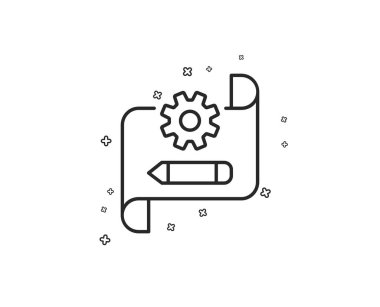 Karikatür planı satır simgesi. Mühendislik aracı oturum. Ayarları sembolü düzenleyin. Geometrik şekiller. Rasgele çapraz öğelerin. Doğrusal karikatür blueprint simgesi tasarım. Vektör