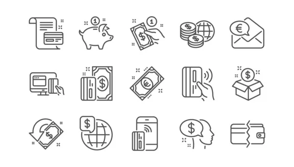 Symbole Für Zahlungszeilen Banküberweisung Sparschwein Und Kreditkarte Cash Linearen Symbolsatz — Stockvektor