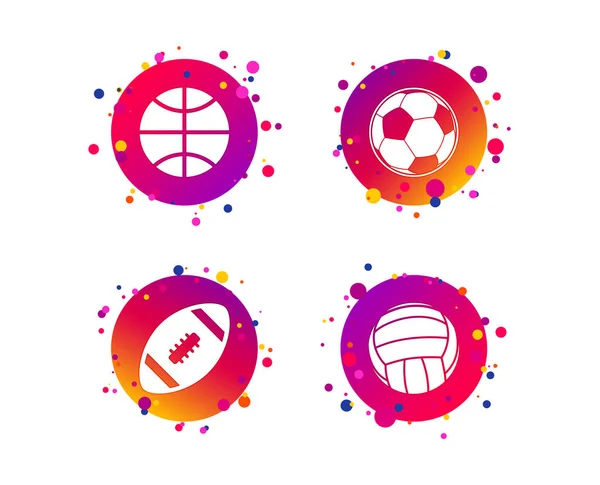 Sport balls icons. Volleyball, Basketball, Soccer and American football signs. Team sport games. Gradient circle buttons with icons. Random dots design. Vector