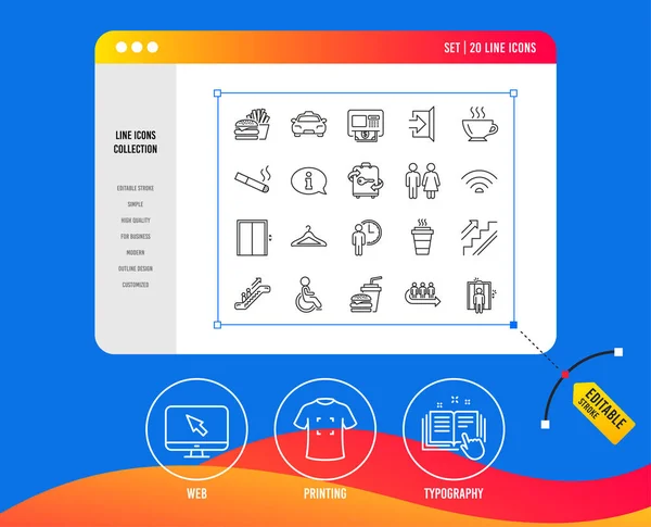 Иконки Линий Общественных Услуг Комплект Лифта Гардеробной Такси Знаки Выход — стоковый вектор