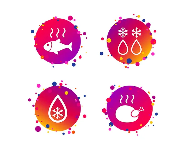 Defrosting Drop Snowflake Icons Hot Fish Chicken Signs Ice Water — Stock Vector