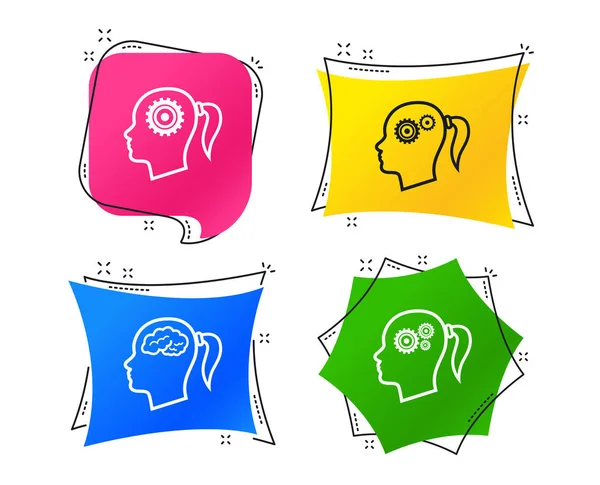 Head Brain Icon Female Woman Think Symbols Cogwheel Gears Signs — Stock Vector