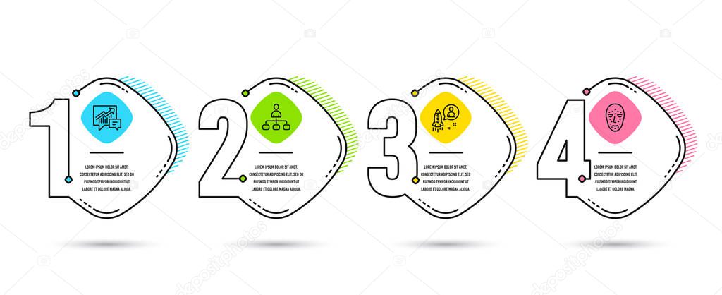 Infographic template 4 options or steps. Set of Management, Accounting and Startup icons. Face biometrics sign. Agent, Supply and demand, Developer. Facial recognition. Vector