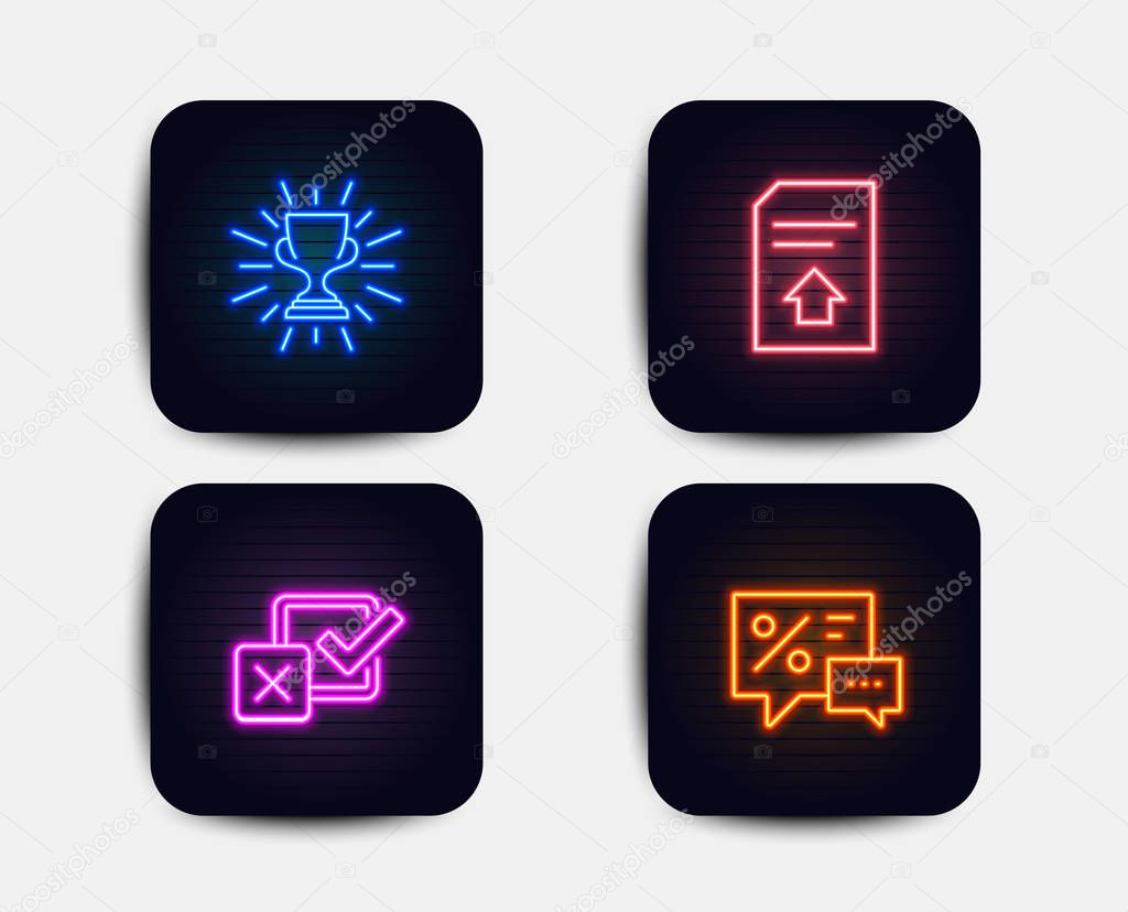 Neon glow lights. Set of Checkbox, Trophy and Upload file icons. Discounts sign. Survey choice, Winner cup, Load document. Best offer.  Neon icons. Glowing light banners. Vector