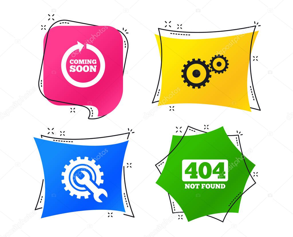 Coming soon rotate arrow icon. Repair service tool and gear symbols. Wrench sign. 404 Not found. Geometric colorful tags. Banners with flat icons. Trendy design. Vector