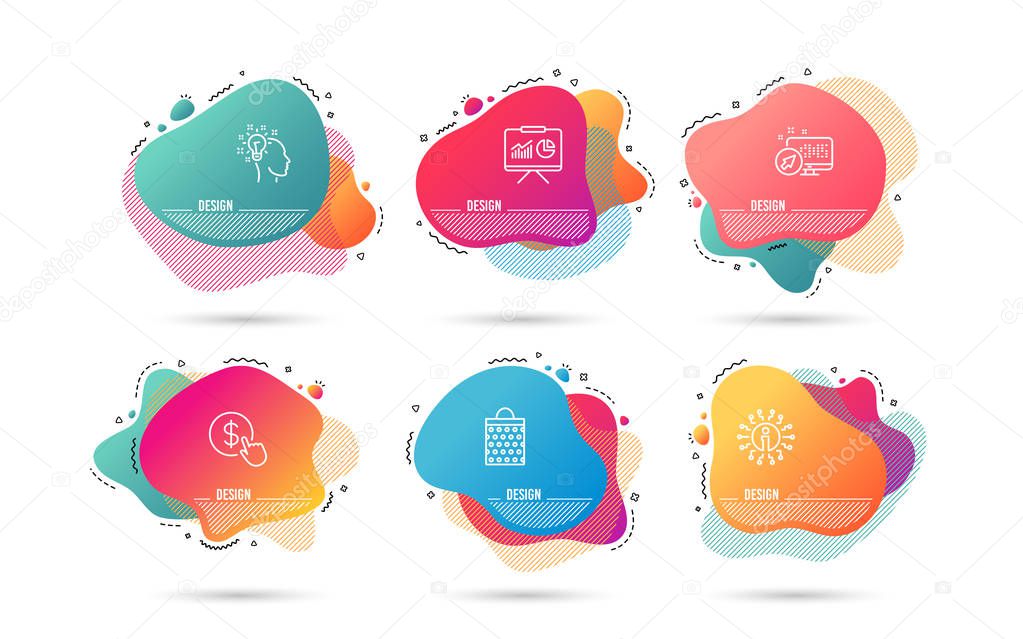 Dynamic liquid shapes. Set of Buy currency, Idea and Presentation icons. Shopping bag sign. Money exchange, Creative designer, Board with charts. Paper package.  Gradient banners. Vector