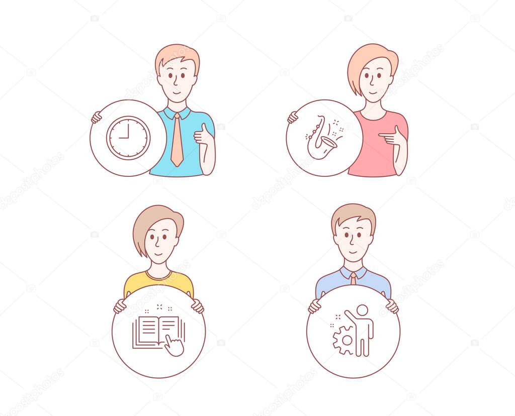 People hand drawn style. Set of Time, Jazz and Technical documentation icons. Employee sign. Office clock, Saxophone, Manual. Cogwheel.  Character hold circle button. Man with like hand. Vector