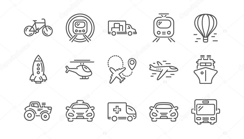 Transport line icons. Taxi, Helicopter and Train. Airplane linear icon set.  Vector