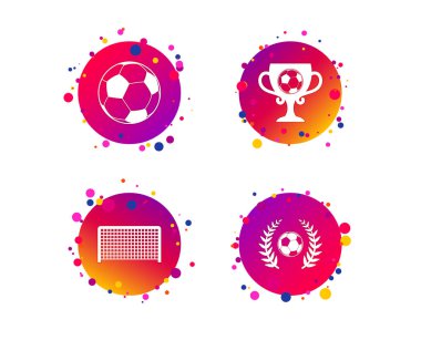 Futbol simgeler. Futbol topu spor işareti. Kaleci geçit sembolü. Kazanan ödül Kupası ve defne çelengi. Degrade daire düğmeleri ile kutsal kişilerin resmi. Rastgele noktalar teması. Vektör