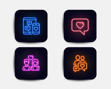 Neon glow ışıkları. Çift aşk, aşk mesajı ve Sosyal Medya simgeler kümesi. Sohbet işareti çıkıyor. Servisi, mobil cihazlar çıkıyor. Neon simgeler. Parlayan ışık afiş. Vektör