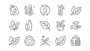 Bitkiler simgeleri sıraya. Yaprak, bitki ve nem termometresi büyüyen. Su damla doğrusal Icon set. Vektör
