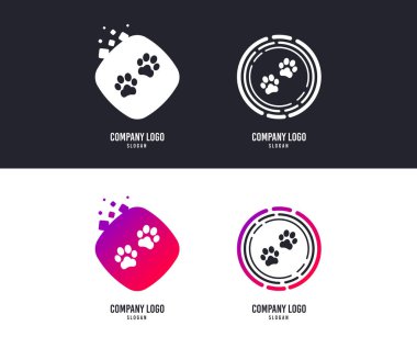 Logo kavramı. Pençe işareti simgesi. Köpek evcil hayvan adımları sembolü. Logo tasarımı. Renkli düğmeler simgeler ile. Vektör