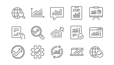 Analytics satır simgeler. Raporlar, Çizelgeler ve grafikler. Veri istatistikleri doğrusal Icon set. Vektör