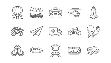 Satır simgeler taşıma. Taksi, helikopter ve tren. Uçak doğrusal Icon set. Vektör