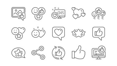 Sosyal medya simgeleri sıraya. Başparmak yukarıya ve derecelendirme gibi paylaşım ağı. Geribildirim gülümseme doğrusal Icon set. Vektör