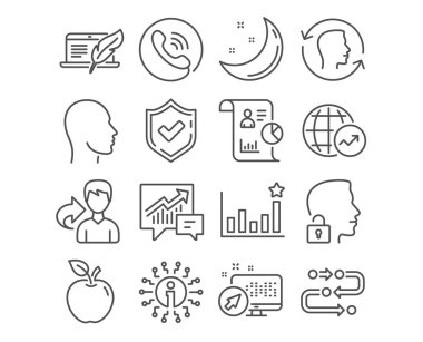 Dünya istatistikleri, telif hakkı dizüstü bilgisayar ve muhasebe simgeler kümesi. Kafa, yüz kimliği ve etkinlik işaretler. Rapor, metodoloji ile Unlock sistem simgeleri. Küresel raporu, yazar aygıt, arz ve talep