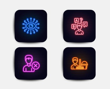 Neon glow ışıkları. Yapay zeka, bilgi yarışması test ve hesap simgeleri kaldırma. Temizlik hizmeti işareti. All-gören göz, röportaj, Sil kullanıcı. Paspas ile kova. Neon simgeler. Parlayan ışık afiş